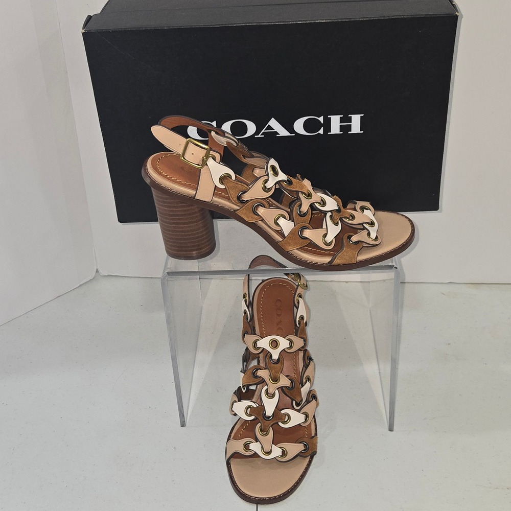 Coach G2075 Multi Color Leather Suede Block Heel Strappy Sandals Womens 7.5B